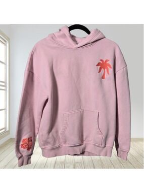 Pink Palm Puff Everything Comes in Waves Hoodie M Pink Embroidered Surf Floral